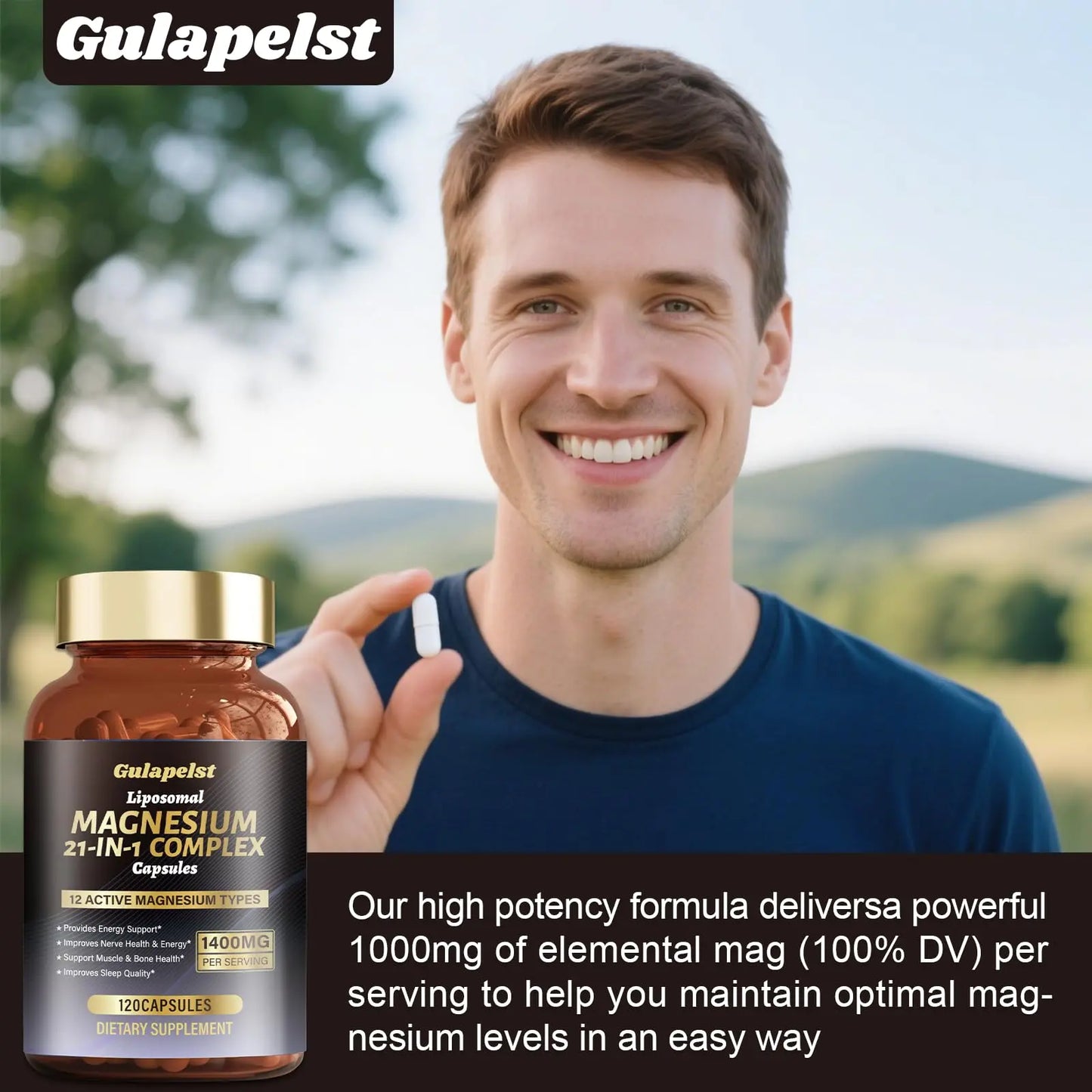 21 in 1 Liposomal 1400mg Magnesium Complex (Citrate, Glycinate, Malate etc) Capsule - 12 Active Types Magnesium with Vitamin D3, B6, B12, C, Ashwagandha & CoQ10 for Women & Men Gulapelst
