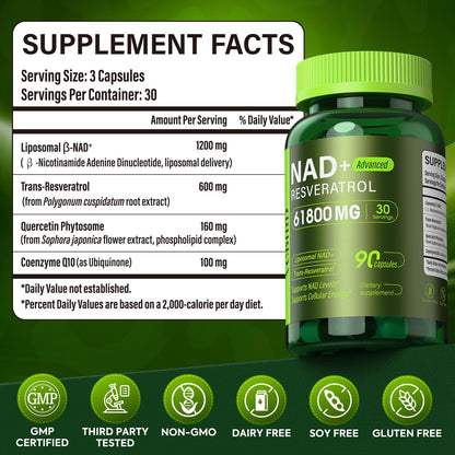 Nad Resveratrol Supplement 61800mg Per Bottle – Liposomal Nad+ Resveratrol for Women & Men – High Purity 1200mg Nad+ Supplement for Energy & Healthy Aging, Resveratrol, Quercetin, CoQ10 – 90 Counts VCBIRDBuy Supplements Australia