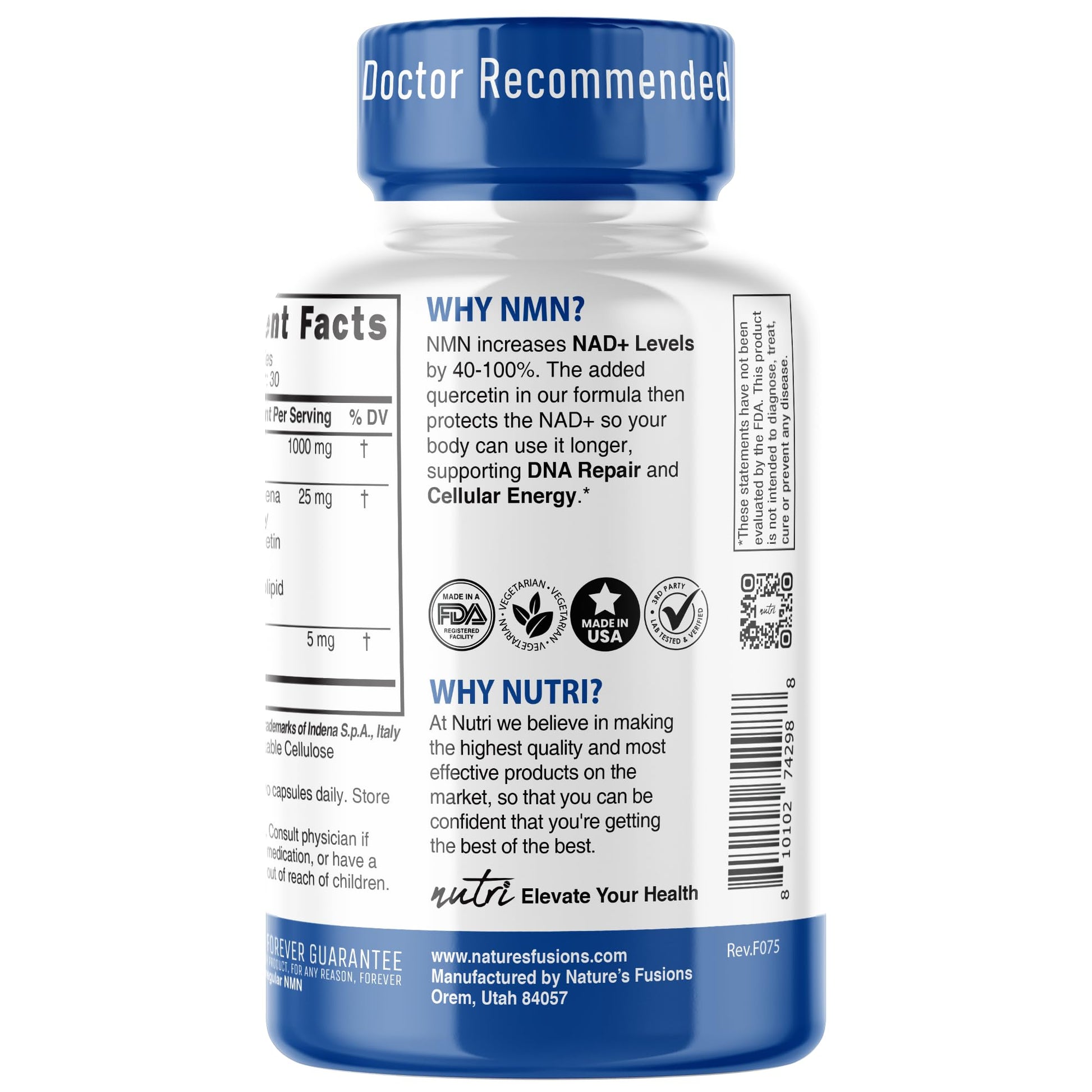 NMN Supplement 1000mg NAD Supplement - Nutri Ultra High Absorption Stabilized NMN Nicotinamide Mononucleotide, 40% More NAD+ with Quercetin Phytosome & Black Pepper - mnm supplement (60 Capsules) Nature's FusionsBuy Supplements Australia