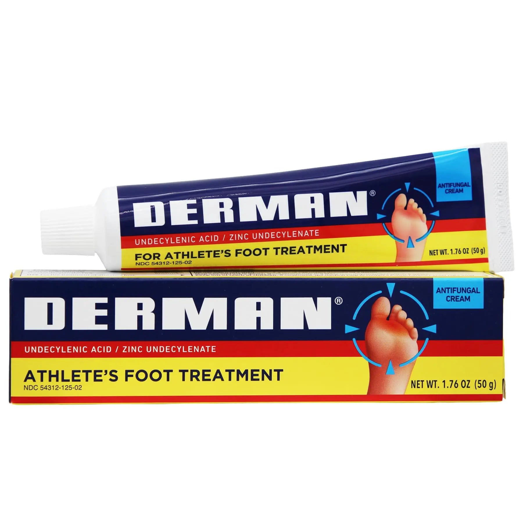 Two tubes of Derman athlete's foot treatment on a white background