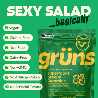 Gruns Adults Super Greens Gummies, Multivitamin Superfood Gummy Bears, Spirulina, Chlorella, Prebiotics & Fiber Gummies for Digestive Health GrünsBuy Supplements Australia