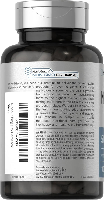 Niacin | Vitamin B3 500mg | 100 Capsules | with Flushing | Non-GMO, and Gluten Free Horbäach