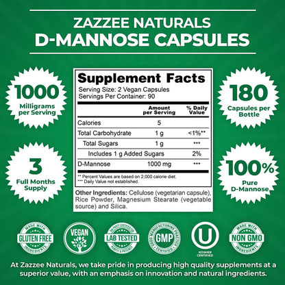 Zazzee D-Mannose, 1000 mg per Serving, 180 Vegan Capsules, 3 Month Supply, Potent Zazzee
