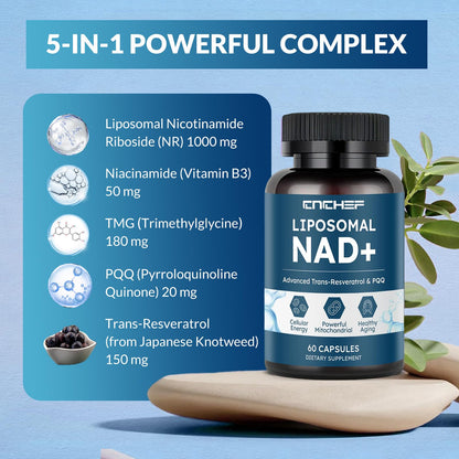 CNCHEF Liposomal NAD Supplement -1000mg, NAD Resveratrol Supplement for Women & Men with Nicotinamide Riboside, Resveratrol, PQQ & TMG, NAD Plus Boosts NAD+ Levels, Anti-Aging & Brain, 60 Capsules CNCHEFBuy Supplements Australia