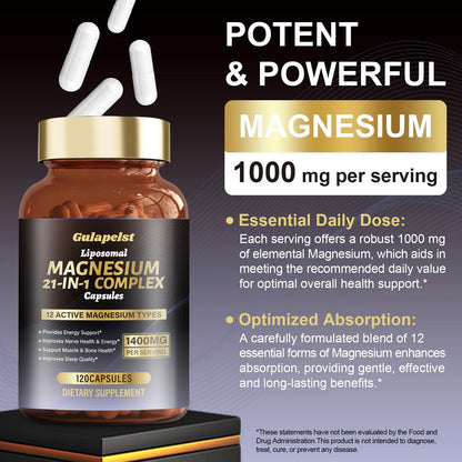 21 in 1 Liposomal 1400mg Magnesium Complex (Citrate, Glycinate, Malate etc) Capsule - 12 Active Types Magnesium with Vitamin D3, B6, B12, C, Ashwagandha & CoQ10 for Women & Men Gulapelst