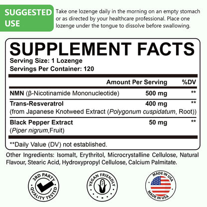 Sublingual NMN 500mg + Trans-Resveratrol 400mg, 3-in-1 Advanced Formula 99% Pure NMN Resveratrol Supplement for Boost* NAD, Cell, Immune, Energy & Muscle, Anti-Aging, 120 Lozenges, 120-Day Supply AscuoliBuy Supplements Australia