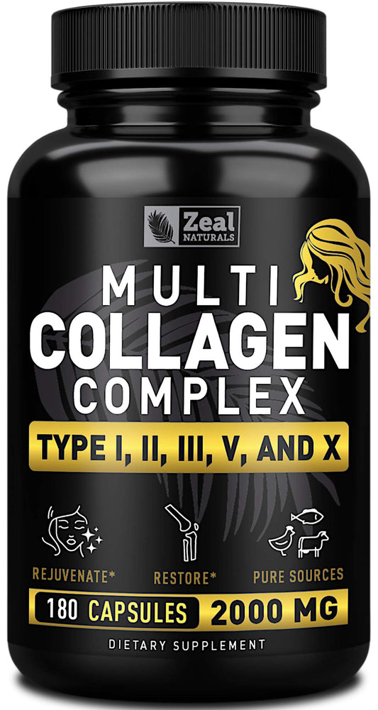 Multi Collagen Peptides Pills (Types Ⅰ,Ⅱ,Ⅲ,Ⅴ,Ⅹ) Grass Fed Collagen Pills (180 Capsules) - Hydrolysate Collagen Protein Blend for Hair, Skin, Nails, and Joint Support - Collagen Pills for Women Zeal NaturalsBuy Supplements Australia