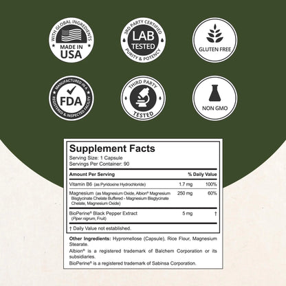 Magnesium Glycinate Chelate Complex with Albion Magnesium Bisglycinate Chelate, Vitamin B6 & BioPerine for Bone, Muscle, Natural Sleep, NuBest