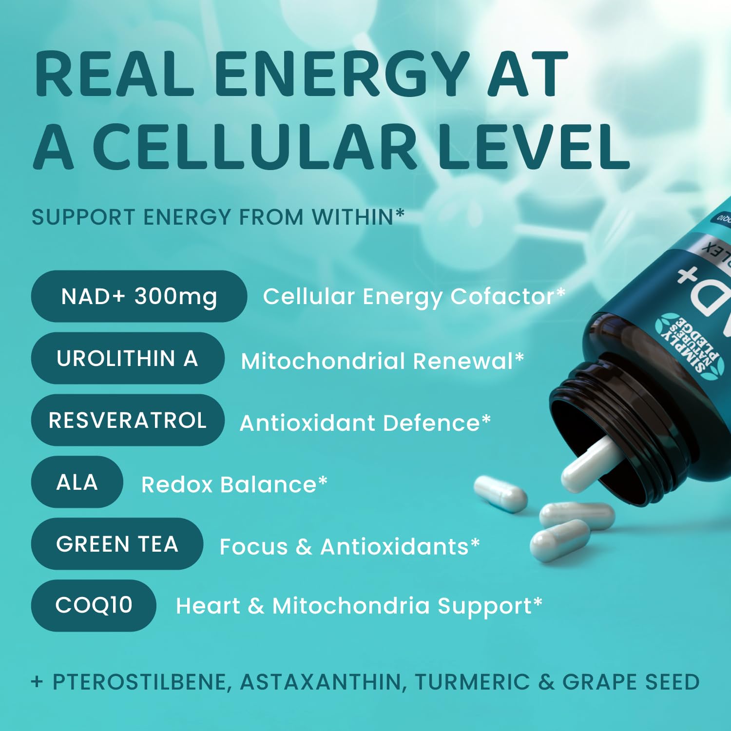NAD+ Elite Complex – Direct NAD+ 300 mg with Urolithin A, Resveratrol, CoQ10 & Antioxidant Blend – Cellular Energy, Mitochondrial Support & Healthy Aging – Vegan, Non-GMO, 60 Capsules (30 Servings) Simply Nature's PledgeBuy Supplements Australia