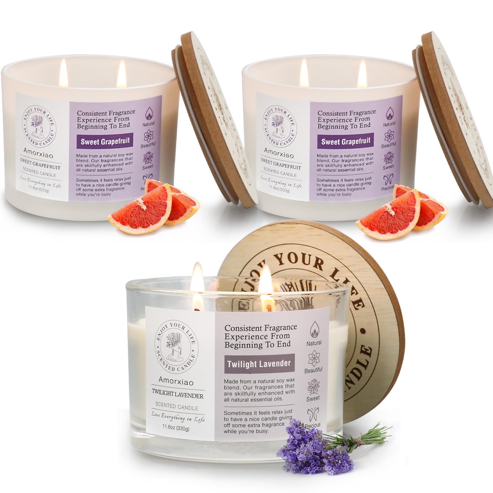 3 Pack Candles for Home Scented, 34.8 oz 240 Hour Long Lasting Candles Set, Grapefruit &Lavender ROSIANS