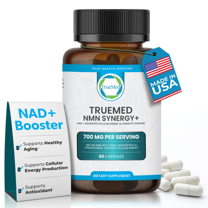 TRUEMED NMN Synergy+ 700mg – Premium NMN Supplement with Resveratrol & Pterostilbene | Advanced NAD+ Supplement for Cellular Energy, & Wellness Support | Non-GMO, Vegan, 60 Capsules TRUEMEDBuy Supplements Australia