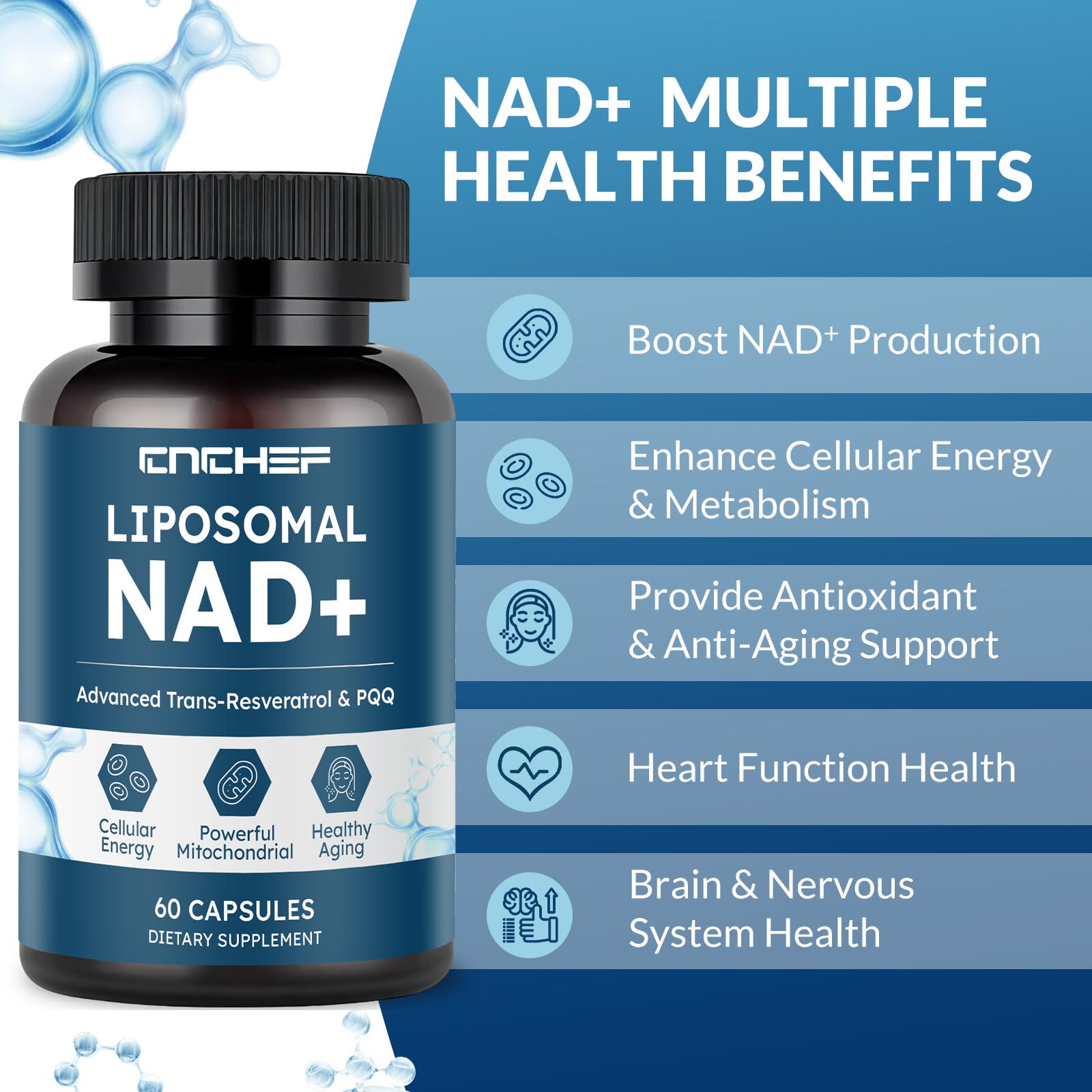 CNCHEF Liposomal NAD Supplement -1000mg, NAD Resveratrol Supplement for Women & Men with Nicotinamide Riboside, Resveratrol, PQQ & TMG, NAD Plus Boosts NAD+ Levels, Anti-Aging & Brain, 60 Capsules CNCHEFBuy Supplements Australia