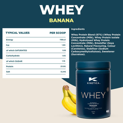 Kinetica Banana Whey Protein Powder | 2.27kg | 23g Protein per Serving | 76 Servings Kinetica
