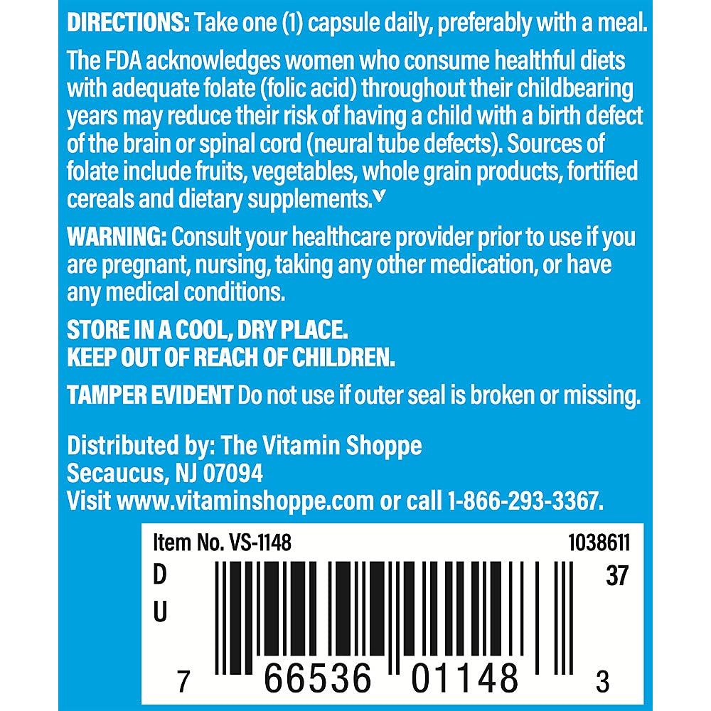 The Vitamin Shoppe Folic Acid 800MCG, Supports Prenatal & Fetal Development (100 Capsules) The Vitamin Shoppe