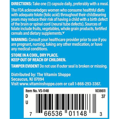 The Vitamin Shoppe Folic Acid 800MCG, Supports Prenatal & Fetal Development (100 Capsules) The Vitamin Shoppe
