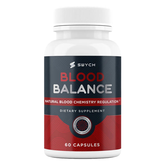 Supplement bottle labeled 'Blood Balance' by Swych on a white background