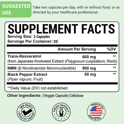 99% Ultra Purity NMN 500mg + Trans-Resveratrol 600mg, 1150mg NMN Resveratrol Supplement, 3-in-1 Advanced Formula for Boost* NAD, Cell, Immune, Energy & Muscle, Healthy Aging, Stabilized Form - 60 Caps AscuoliBuy Supplements Australia