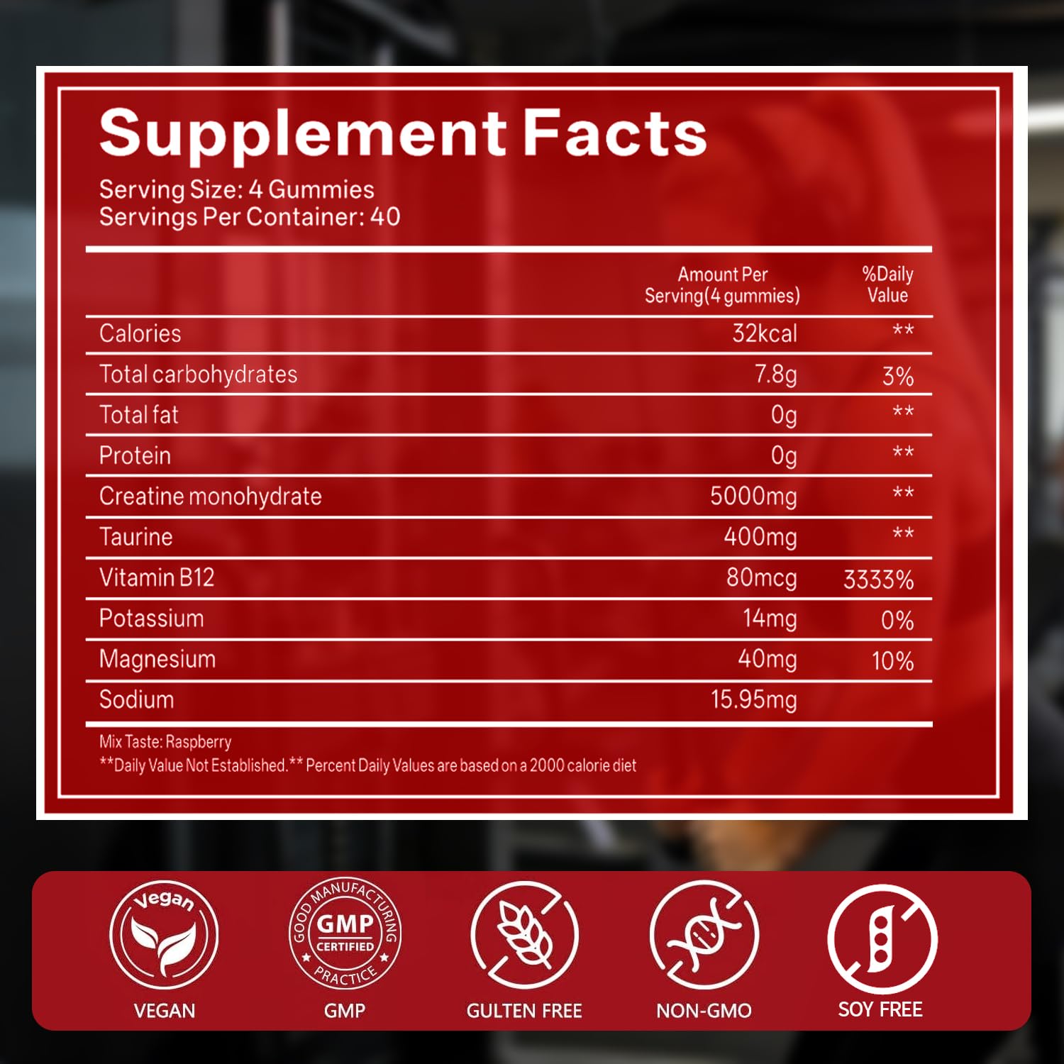 GABE SUNNYBEARS Creatine Gummies, NSF Certified, 5g Creatine Monohydrate per Serving with Taurine & B12, Raspberry Flavor, 160 Count, for Men & Women GABE SUNNYBEARSBuy Supplements Australia