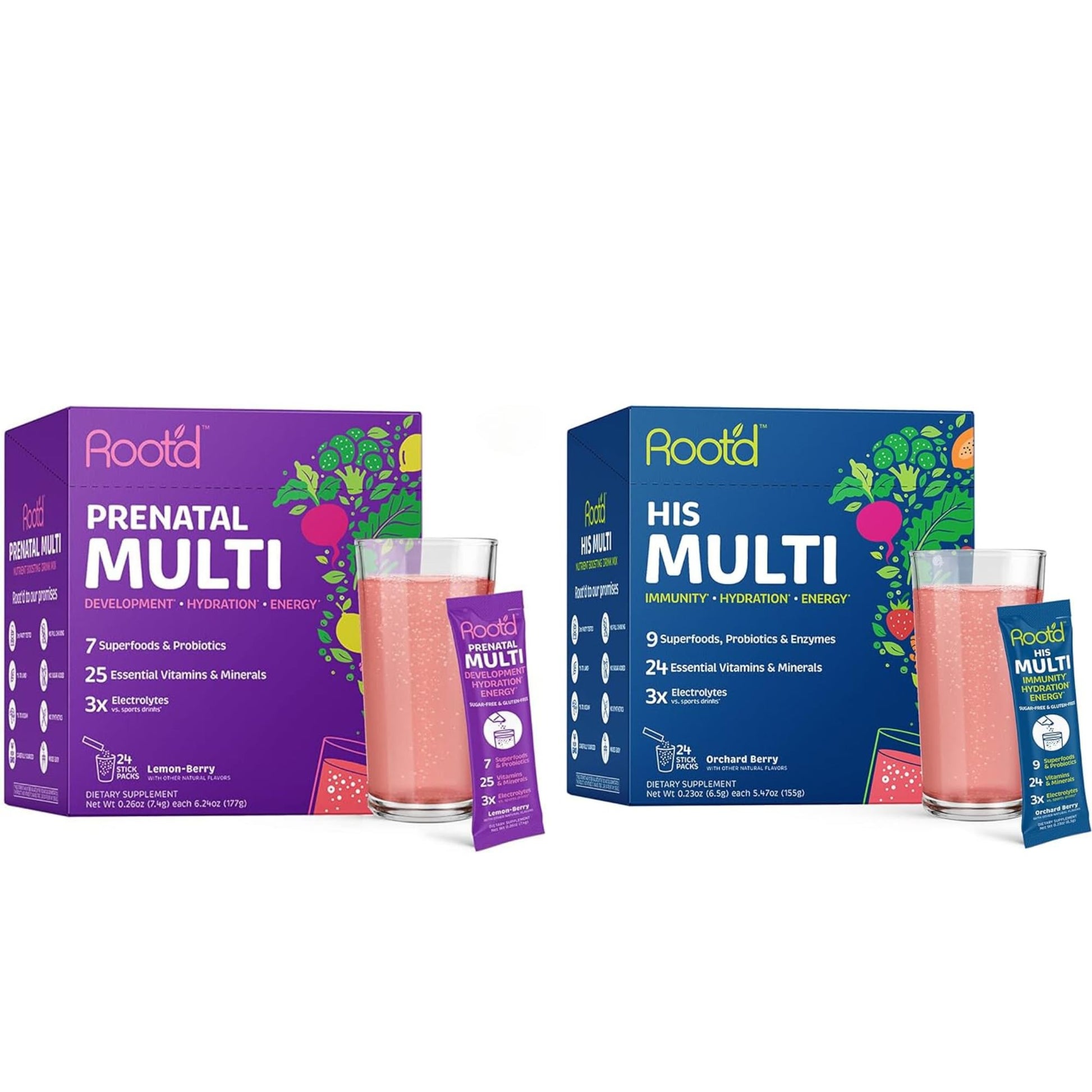 Root'd Prenatal & His Multivitamin Powder Bundle with 3X Electrolytes for Mummy & Daddy Root'd