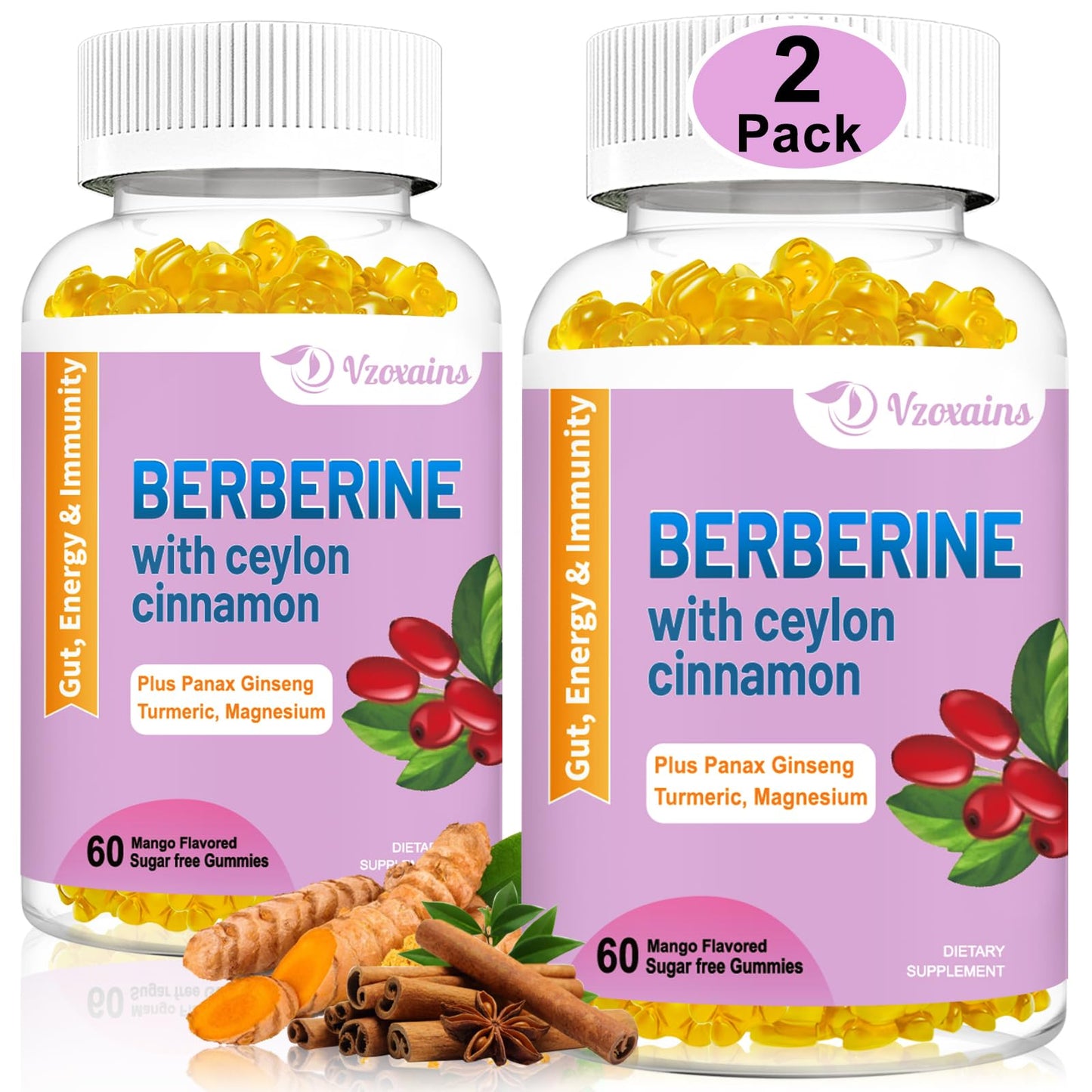2 Pack Berberine with Ceylon Cinnamon Gummies, 2000mg High Potency Berberine HCI VZOXAINS