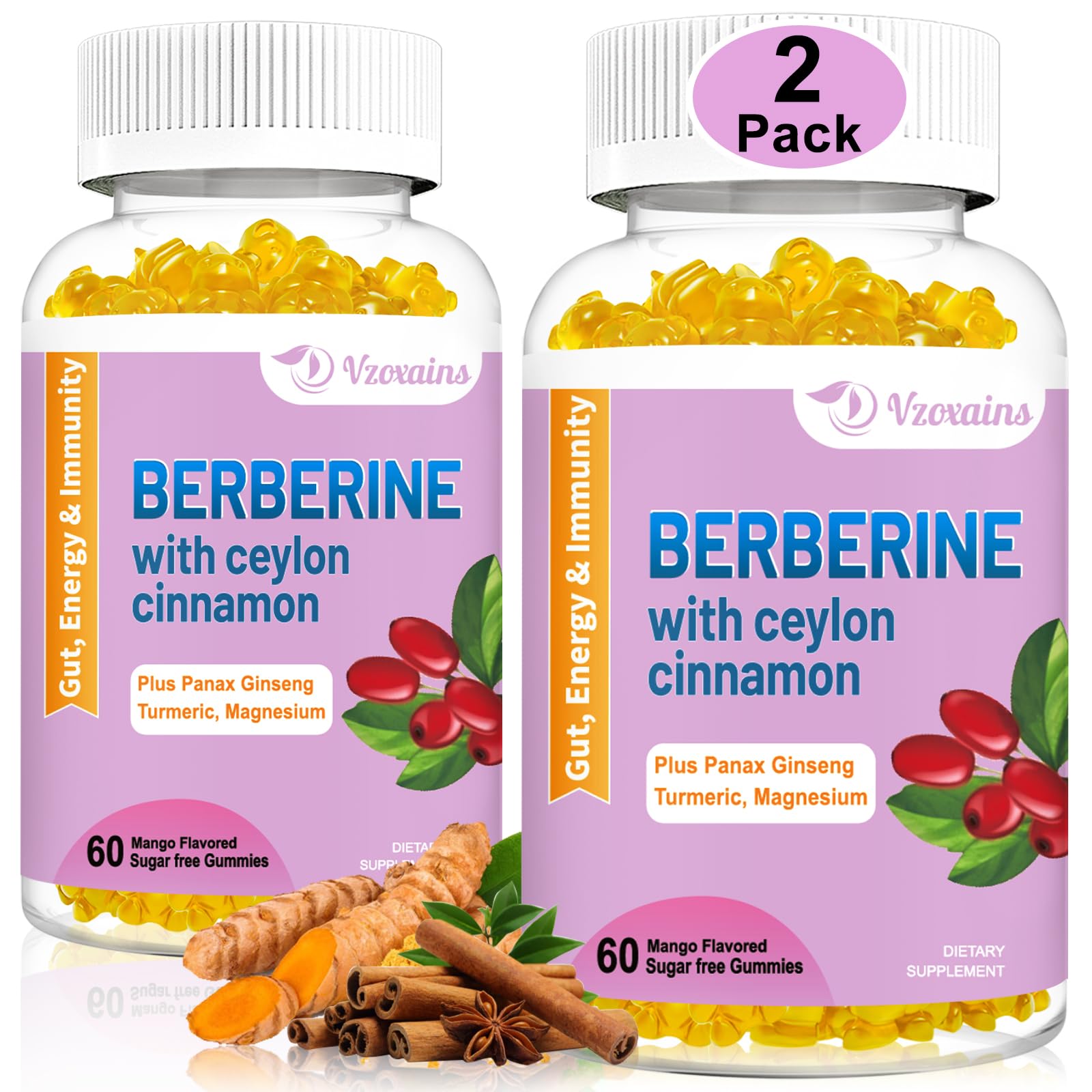 2 Pack Berberine with Ceylon Cinnamon Gummies, 2000mg High Potency Berberine HCI VZOXAINS