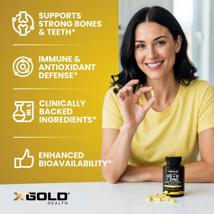 Vitamin D, K2, K1, Zinc, Quercetin, Elderberry, Turmeric, Ginger & Echinacea Whole Food Supplement 8 in 1- D3 5000 IU Plant-Based from Lichen, Vitamin K (K2 MK7, MK4, K1) X Gold Health