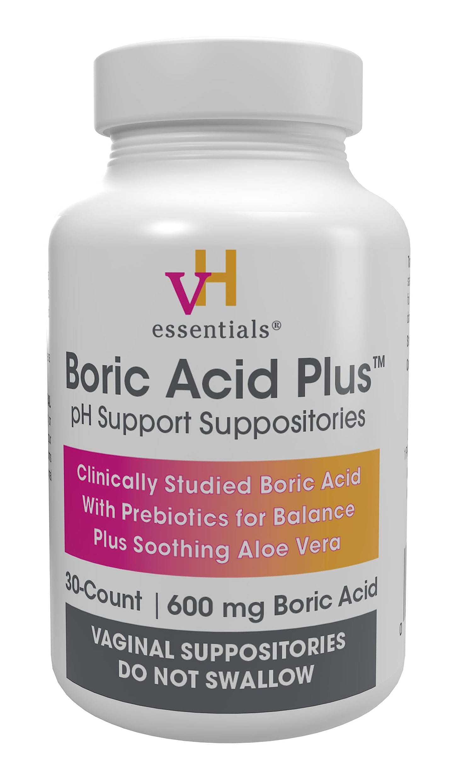 vH Essentials Boric Acid Plus Vaginal Suppositories, Prebiotic Infused with Soothing Aloe Vera, pH Support Formula Fights Odor and Promotes Freshness, 600mg Boric Acid, 30 Count vH essentialsBuy Supplements Australia