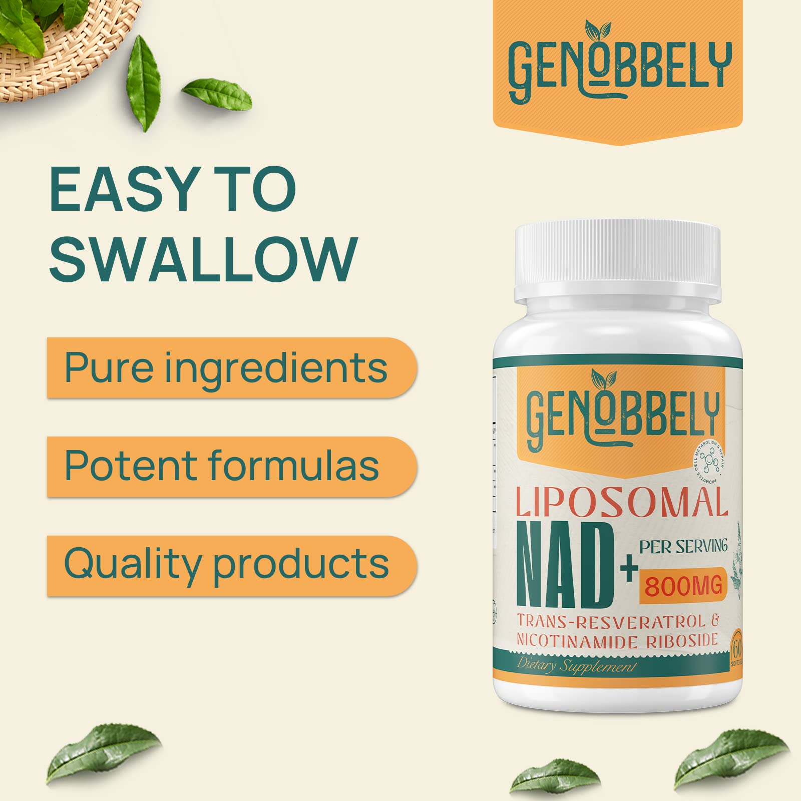 GENOBBELY 800 mg Liposomal NAD+ Supplement with Nicotinamide Riboside 200 mg, Trans-Resveratrol 100 mg - True NAD Supplement for DNA Repair, Healthy Aging, Brain Function - 60-Day Supply GENOBBELYBuy Supplements Australia