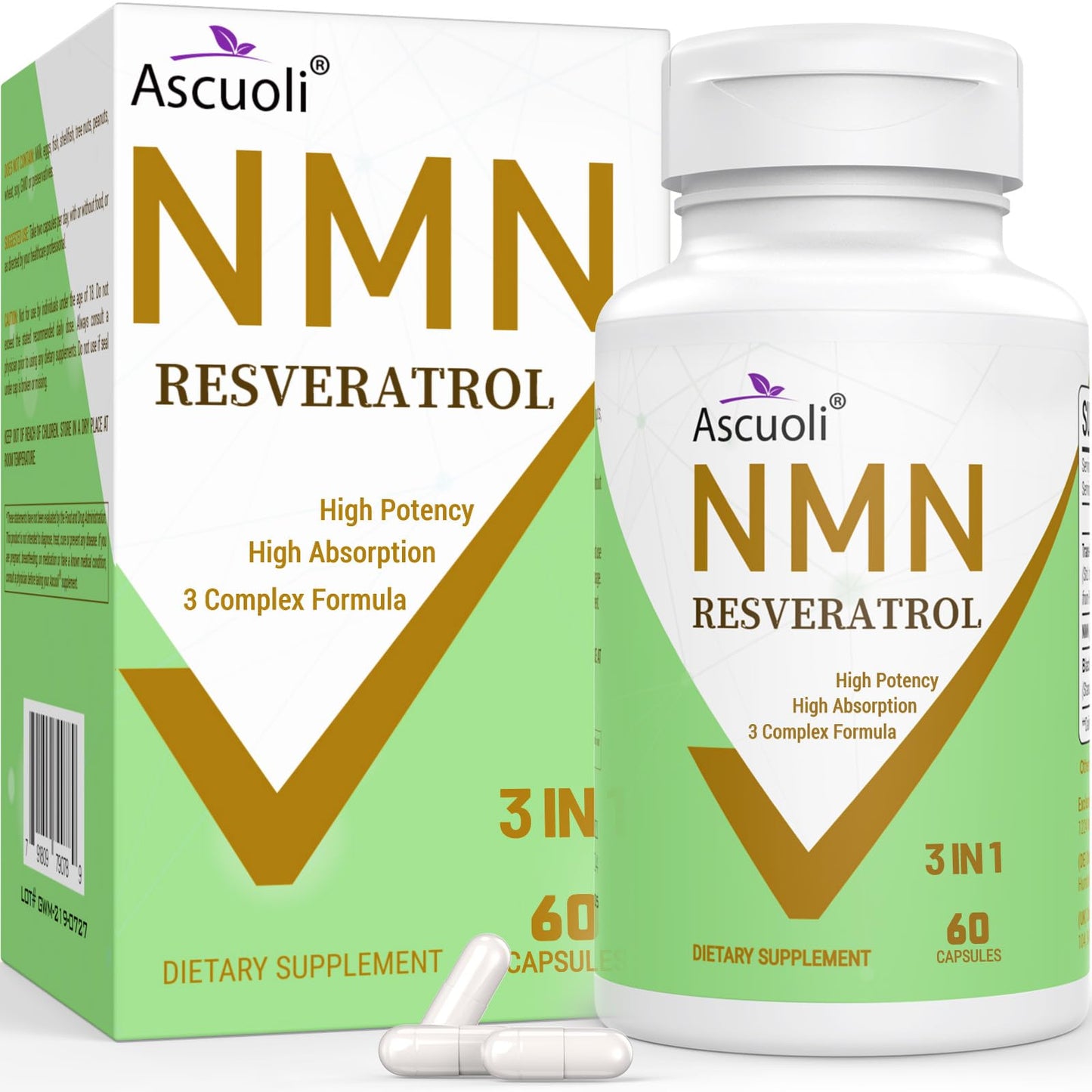99% Ultra Purity NMN 500mg + Trans-Resveratrol 600mg, 1150mg NMN Resveratrol Supplement, 3-in-1 Advanced Formula for Boost* NAD, Cell, Immune, Energy & Muscle, Healthy Aging, Stabilized Form - 60 Caps AscuoliBuy Supplements Australia