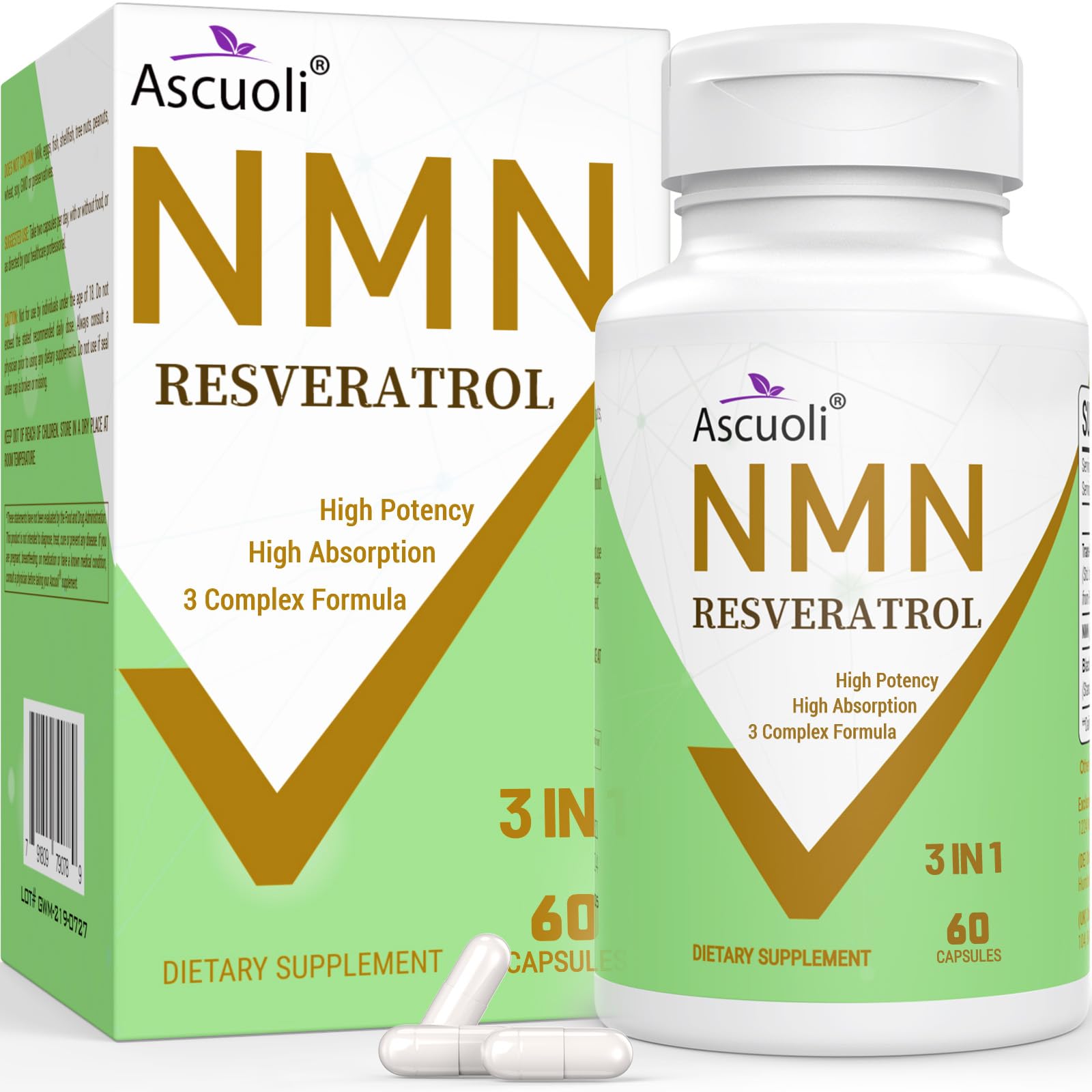 99% Ultra Purity NMN 500mg + Trans-Resveratrol 600mg, 1150mg NMN Resveratrol Supplement, 3-in-1 Advanced Formula for Boost* NAD, Cell, Immune, Energy & Muscle, Healthy Aging, Stabilized Form - 60 Caps AscuoliBuy Supplements Australia
