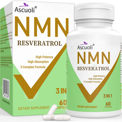 99% Ultra Purity NMN 500mg + Trans-Resveratrol 600mg, 1150mg NMN Resveratrol Supplement, 3-in-1 Advanced Formula for Boost* NAD, Cell, Immune, Energy & Muscle, Healthy Aging, Stabilized Form - 60 Caps AscuoliBuy Supplements Australia