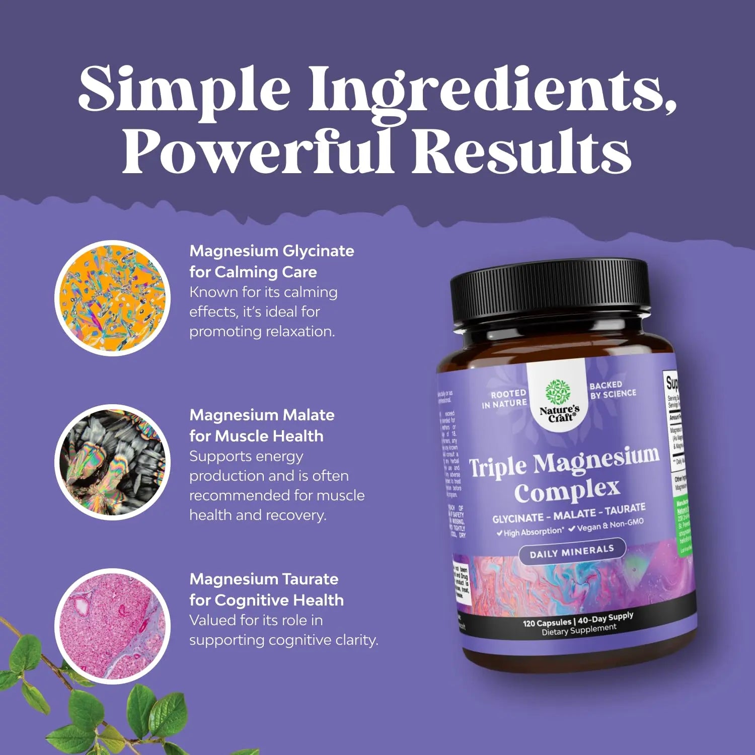 Triple Magnesium Complex Supplement - High Absorption Magnesium Glycinate, Malate & Taurate Blend for Muscles, Energy Support & Heart Health - Triple Mg Complex 400 mg Capsules - 120 Count Natures Craft buy supplements Au