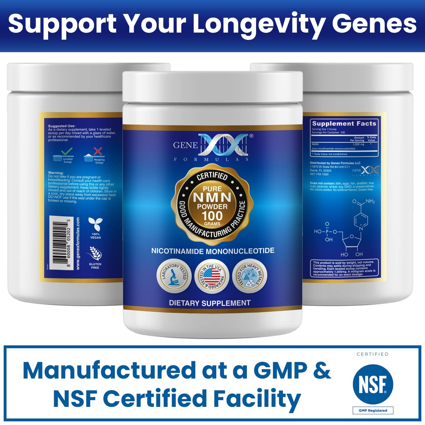 Genex Formulas Pure NMN Powder 100 Grams, Instant Dissolve, Shelf Stable, Non-Synthetic, PVP Free, Ultra-Low Density, 99.9% Pure NMN, Made in a US-Based, GMP, NSF & FSSC 22000 Certified Facility Genex FormulasBuy Supplements Australia