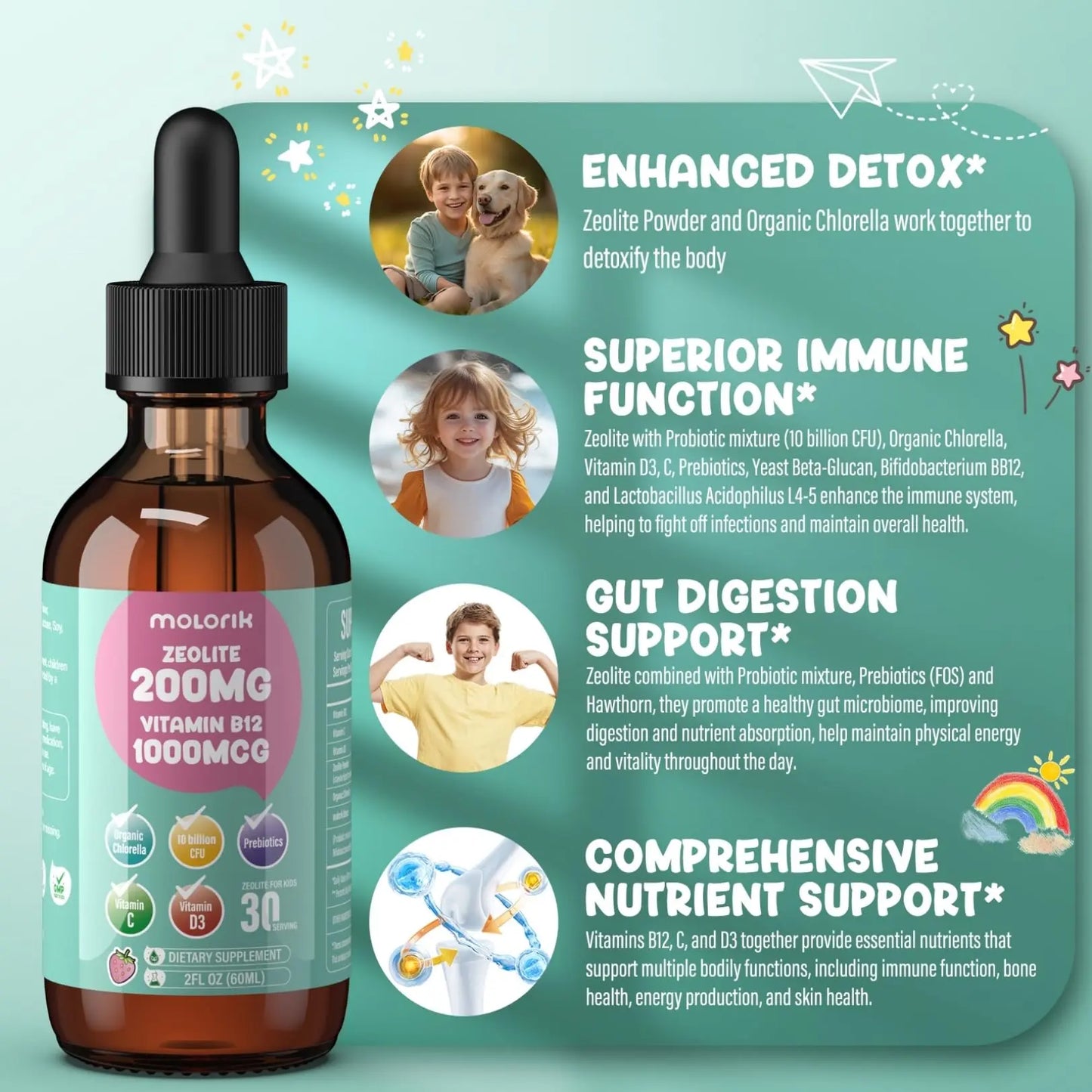Zeolite Detox for Kids and Adults, 200mg Zeolite Liquid Drops with 1000mcg Vitamin B12, Organic Chlorella, 10 billion CFU & Prebiotics for Gut Support & Speech, Immune, Bone, Energy*, Strawberry, 60ML molorik pure buy supplements Au