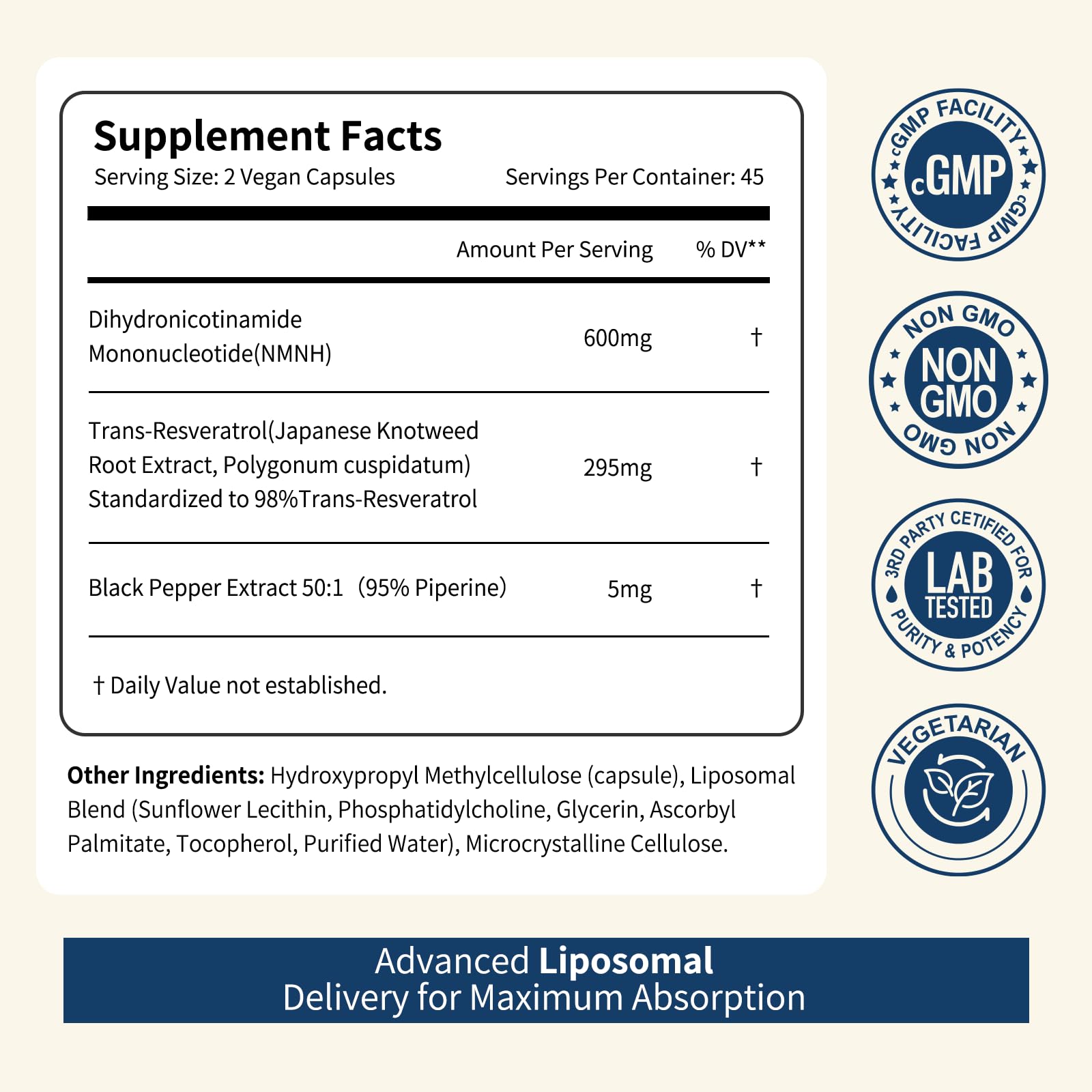 NUISM NMNH NAD+ Supplement, Liposomal 600mg NMN NAD+ and Resveratrol Complex for Cellular Energy, Healthy Aging & Metabolic Support, 90 Capsules NUISMBuy Supplements Australia