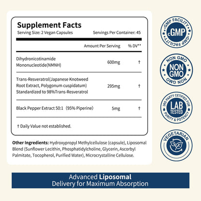 NUISM NMNH NAD+ Supplement, Liposomal 600mg NMN NAD+ and Resveratrol Complex for Cellular Energy, Healthy Aging & Metabolic Support, 90 Capsules NUISMBuy Supplements Australia
