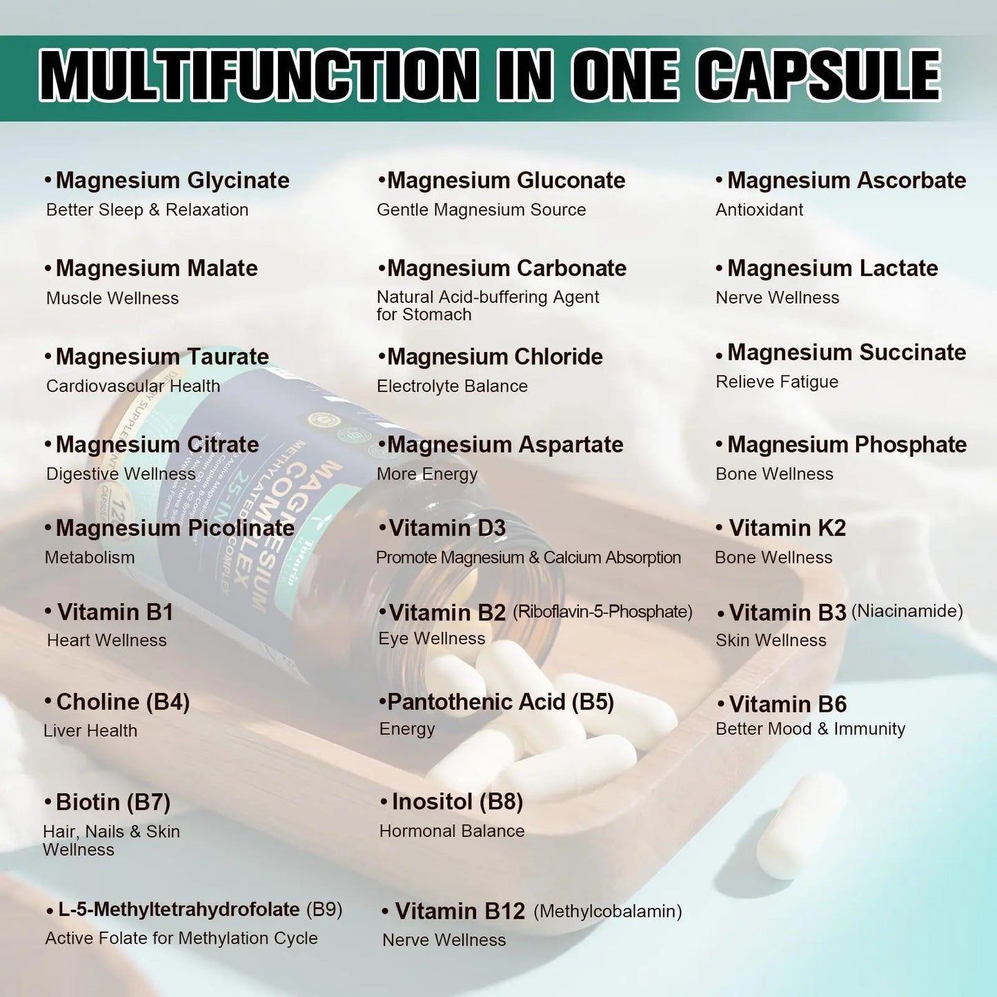 25-in-1 Magnesium Complex with Methylated B Complex Magnesium Glycinate Citrate Malate Taurate Gluconate Aspartate Carbonate D3 K2, Magnesium Supplement Totaria