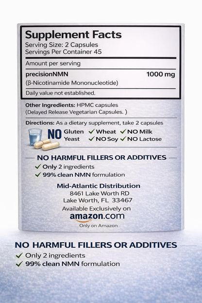 Precision NMN1000-1000 mg per Serving, 90 Capsules, 45 Grams Total Delayed Release Vegetarian Capsule, Nicotinamide Mononucleotide GenericBuy Supplements Australia