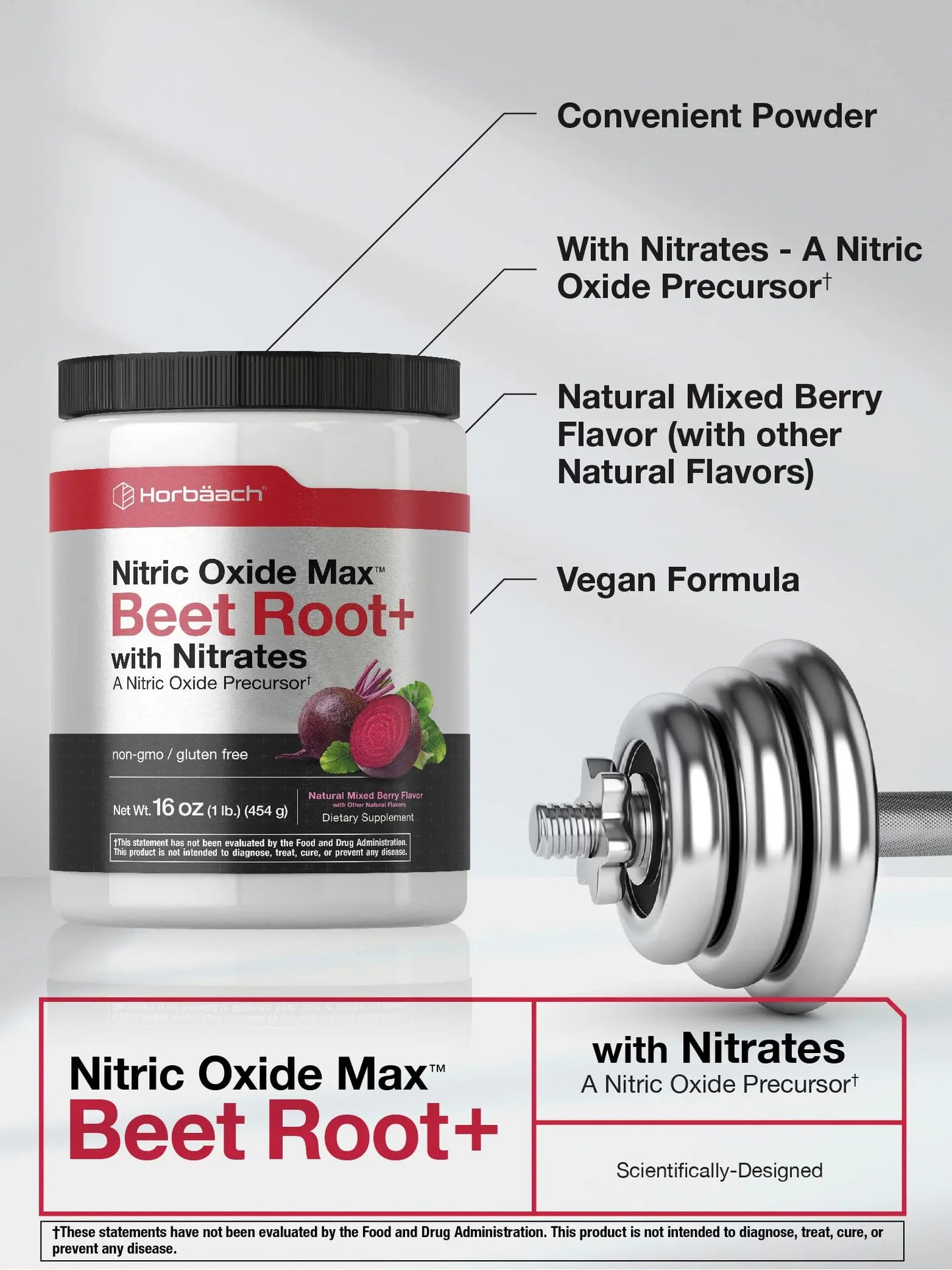 Nitric Oxide Beet Root Powder | 16 oz (454g) | Natural Mixed Berry Flavor | with Nitrates Horbäach