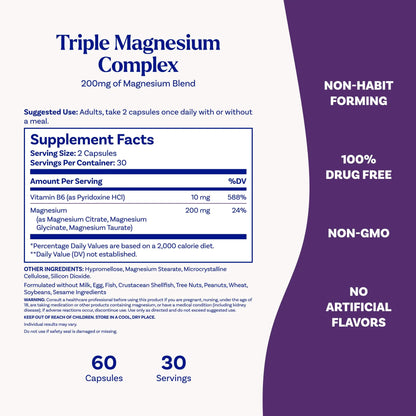 Natrol Triple Magnesium Complex Supplement, Glycinate, Citrate & Taurate 200mg High Absorption, Support Whole Body Wellness, 60 Capsules Natrol buy supplements Au