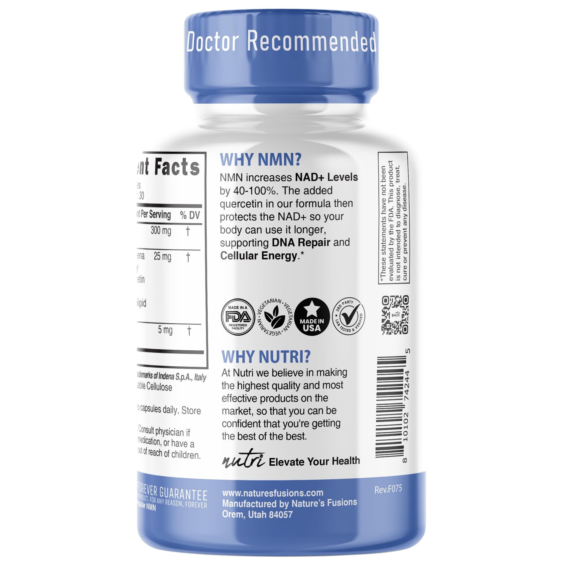 NMN Supplement 300mg NAD Supplement - Nutri Ultra High Absorption Stabilized NMN Nicotinamide Mononucleotide, 40% More NAD+ with Quercetin Phytosome & Black Pepper - mnm supplement (60 Capsules) Nature's FusionsBuy Supplements Australia