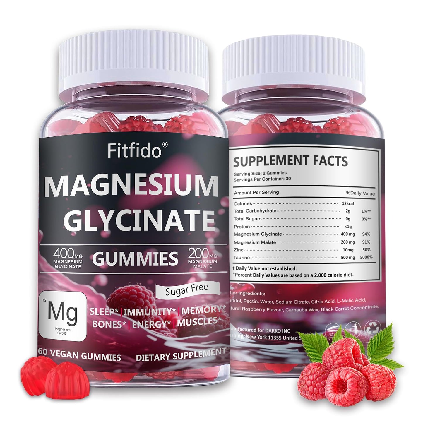 Magnesium Glycinate Gummies 400mg, Chewable Sugar Free Magnesium Supplement with Magnesium Glycinate, Magnesium Malate and Protein for Sleep, Relaxation, Brain & Muscle - Vegan (60 Count, Raspberry) FitfidoBuy Supplements Australia