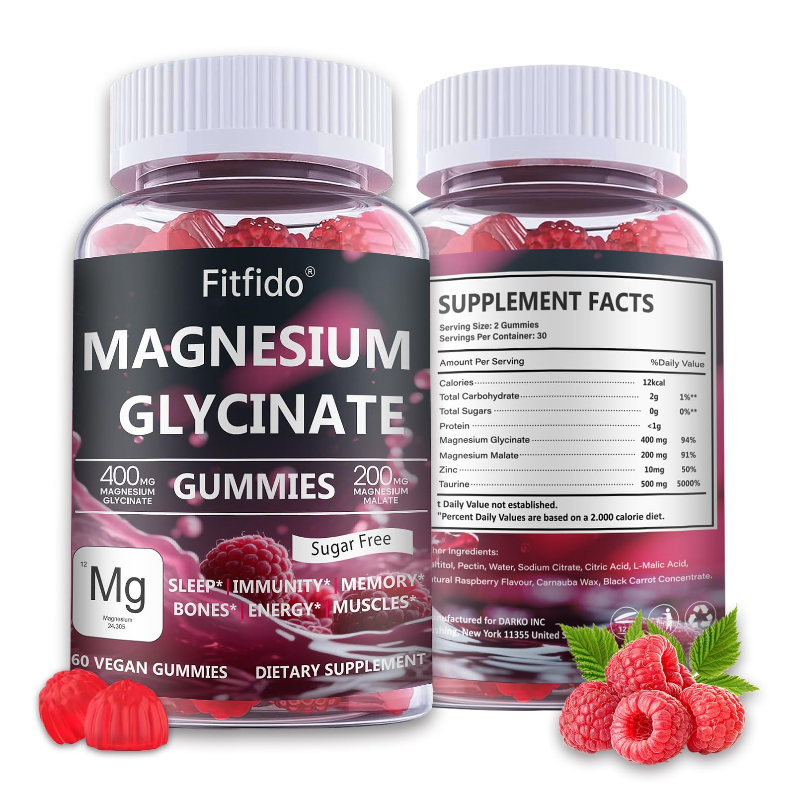 Magnesium Glycinate Gummies 400mg, Chewable Sugar Free Magnesium Supplement with Magnesium Glycinate, Magnesium Malate and Protein for Sleep, Relaxation, Brain & Muscle - Vegan (60 Count, Raspberry) FitfidoBuy Supplements Australia