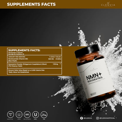 CLENVIA Premium NMN Supplement with Resveratrol – High Potency NAD+ Support Formula – >99.7% Purity – Third-Party Tested – Made in USA – 500mg Nicotinamide + 100mg Resveratrol – 90 Capsules CLENVIABuy Supplements Australia