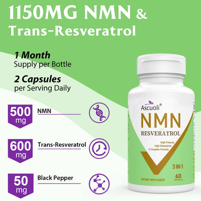 99% Ultra Purity NMN 500mg + Trans-Resveratrol 600mg, 1150mg NMN Resveratrol Supplement, 3-in-1 Advanced Formula for Boost* NAD, Cell, Immune, Energy & Muscle, Healthy Aging, Stabilized Form - 60 Caps AscuoliBuy Supplements Australia