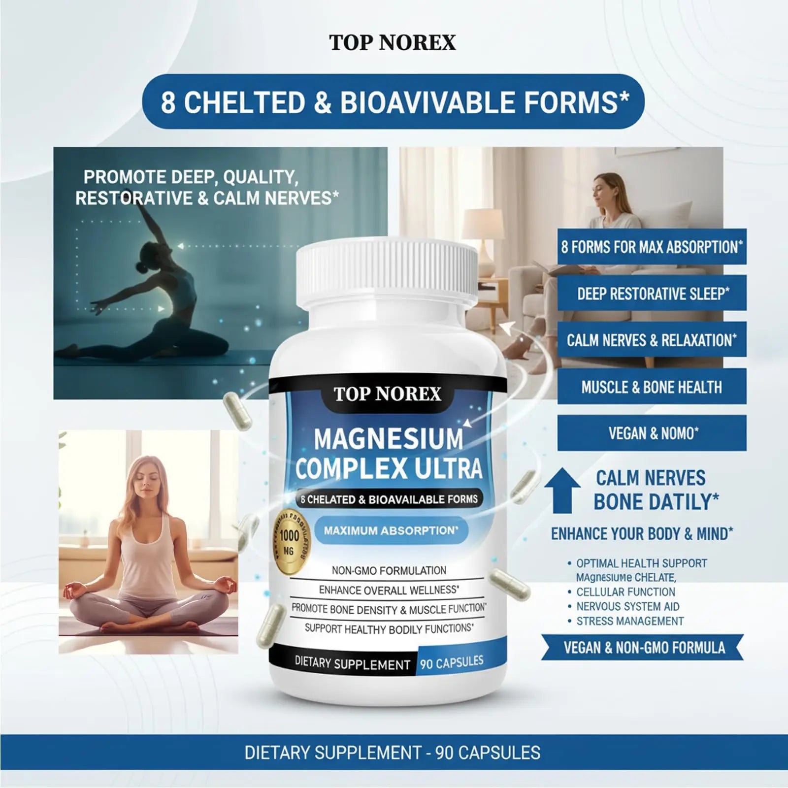 Top Norex Magnesium Complex Ultra - 8 Elemental 1000mg Magnesium Blend, Easy Absorption, 90 Capsules (1) Top Norex buy supplements Au