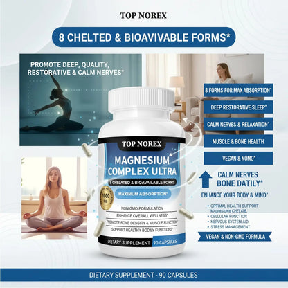 Top Norex Magnesium Complex Ultra - 8 Elemental 1000mg Magnesium Blend, Easy Absorption, 90 Capsules (1) Top Norex buy supplements Au