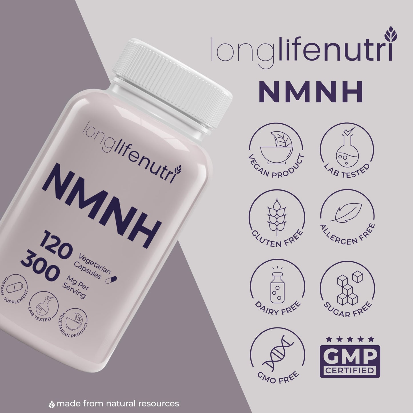 LongLifeNutri NMNH 300mg (Dihydronicotinamide Mononucleotide) - 120 Vegan Capsules, 2-Month Supply, NMN Alternative, NAD Supplement for Energy & Longevity, Lab Tested, Made in USA LongLifeNutriBuy Supplements Australia