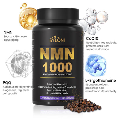 Syloni NMN Supplement 1000mg, 99% Pure NMN 4-in-1 NAD+ Booster with PQQ, CoQ10, L-Ergothioneine, 60 Capsules Nicotinamide Mononucleotide - Anti-Aging, Energy Boost, DNA Repair for Adults, Vegan SyloniBuy Supplements Australia